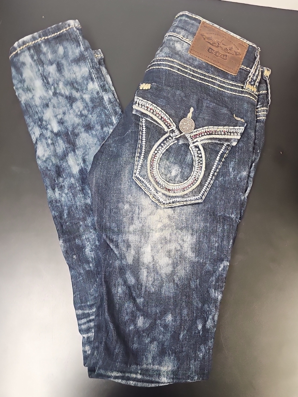 Big Star Dark Blue Acid-Wash Skinny Jeans with Embellished Back Pocket
